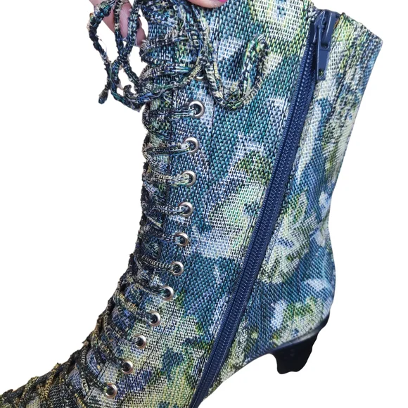 Jeffrey Campbell Hastings Blue Green Floral Tapestry Victorian Boots Lace Up - Picture 4 of 16